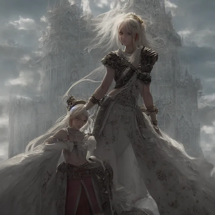 Prompt: epic character portrait princess of the white herald on an imperial castle, hidari, color page, tankoban, 8 k, tone mapping, akihiko yoshida, cinematic lighting, elegant, digital painting, artstation, haze, sharp focus, dramatic, haze, moody lighting