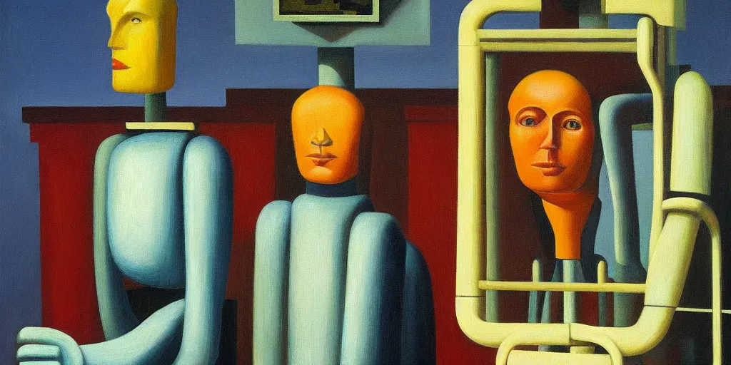 Image similar to super - intelligent robot with kind eyes portrait, grant wood, pj crook, edward hopper, oil on canvas