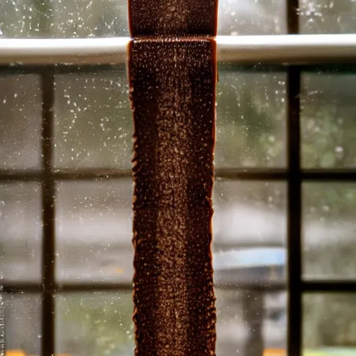 Prompt: a liquid chocolate waterfall coming out from a window floating over a white background