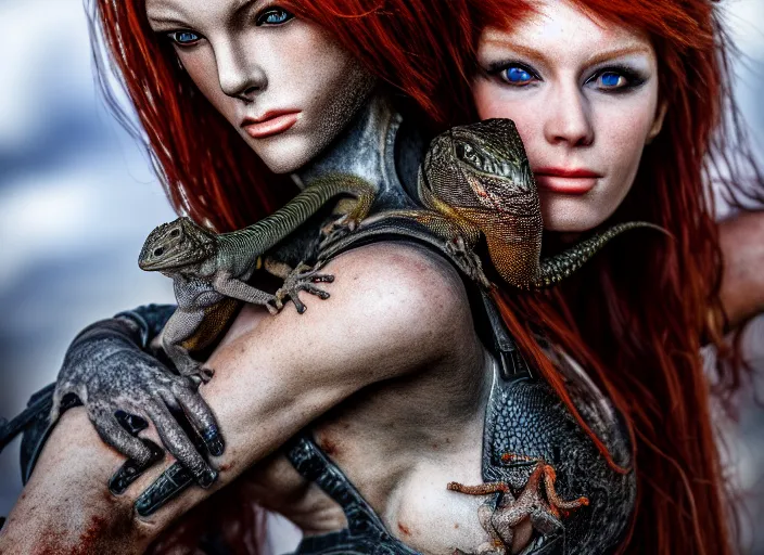 Prompt: 5 5 mm photo of an armored redhead woman with a lizard sitting on her shoulder by luis royo. highly detailed 8 k. intricate. lifelike. soft light. nikon d 8 5 0. cinematic post - processing