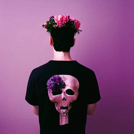 Image similar to kodak portra 4 0 0 photograph of a skinny goth guy standing in a cluttered bedroom, back view, flower crown, moody lighting, telephoto, 9 0 s vibe, blurry background, vaporwave colors, faded!,