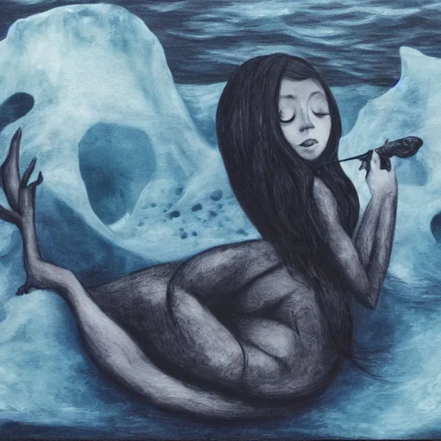 Image similar to a female art student falling asleep, misty, iceberg, black paint, dark, sensual, dreamy, waves, swirls, blue drips, fish, blueberries, octopus, neo - impressionist, surrealism