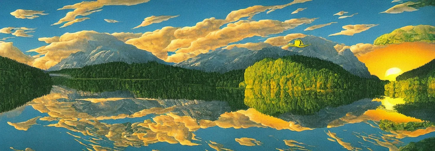 Image similar to escher painting of a lake, big trees reflecting on lake surface, mountains at background, an ufo in the air, fluffy clouds, sunset, yellow, green, red, snowy, ultra sharp, ultra detailed, happy, uplifting, colorized by salvador