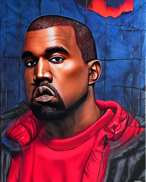 Prompt: kanye west in red puffer jacket, airbrush, drew struzan illustration art, key art, movie poster