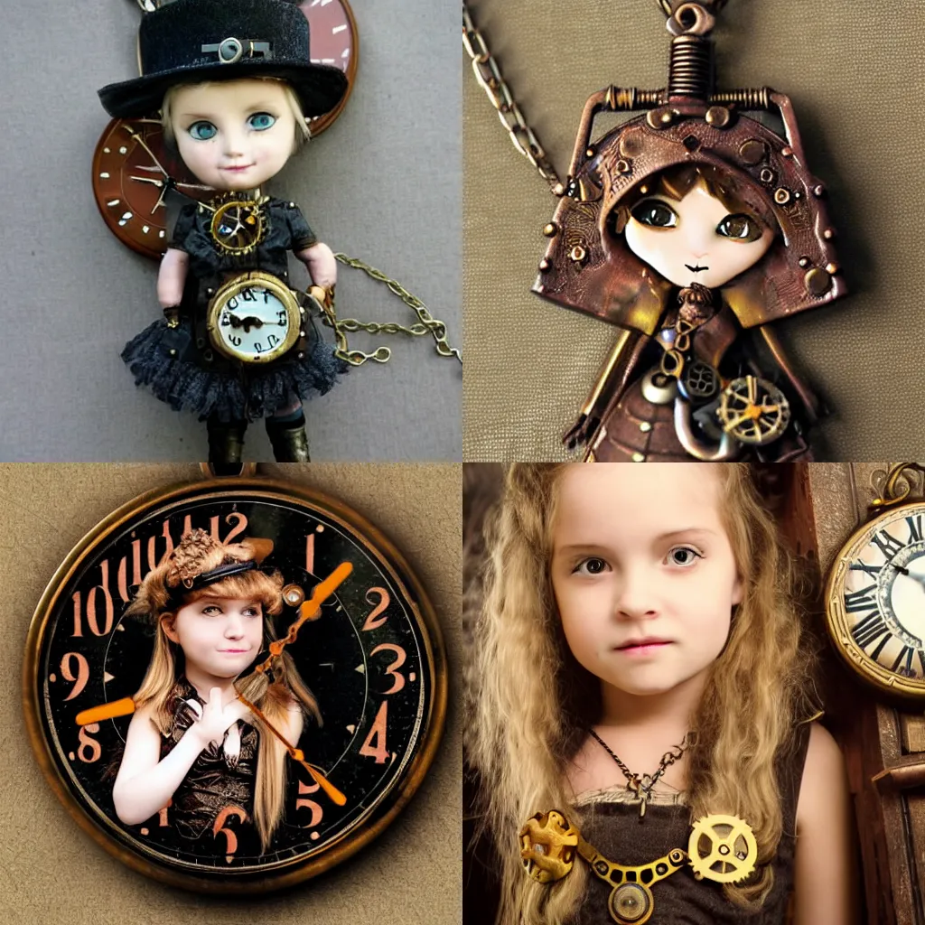 Image similar to steampunk little girl wears a clock necklace in steampunk world