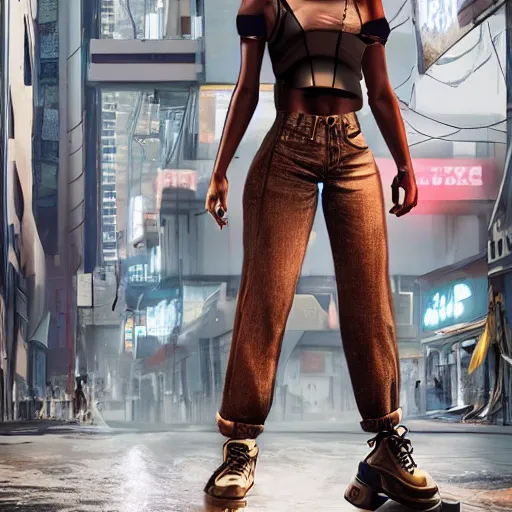 Image similar to a fashion model, creative, brown skin, digital art, photo manipulation, artstation, standing, cyberpunk, giant, street, duck shoes, up there, photoshop