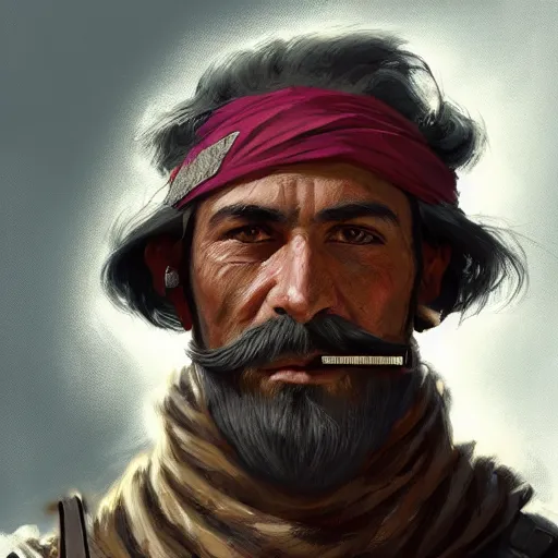 Image similar to portrait old vice barbarian warrior with trucker mustache and bandana, 8 k, trending on art station, by tooth wu and greg rutkowski