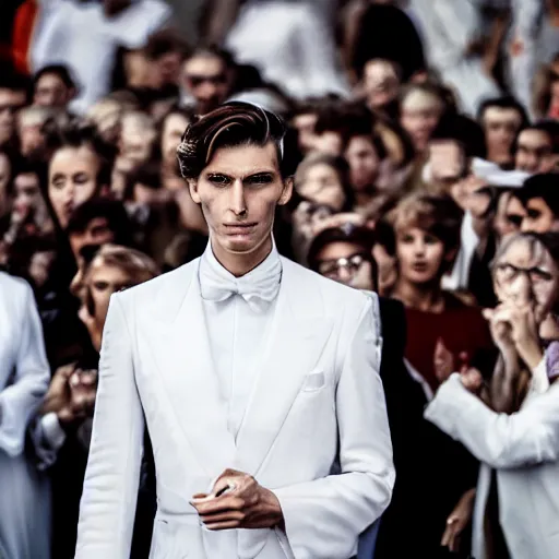 Image similar to portrait of a regal prince in futuristic white clothes, high collar, sharp cheekbones, wistful expression, surrounded by a crowd of angry people