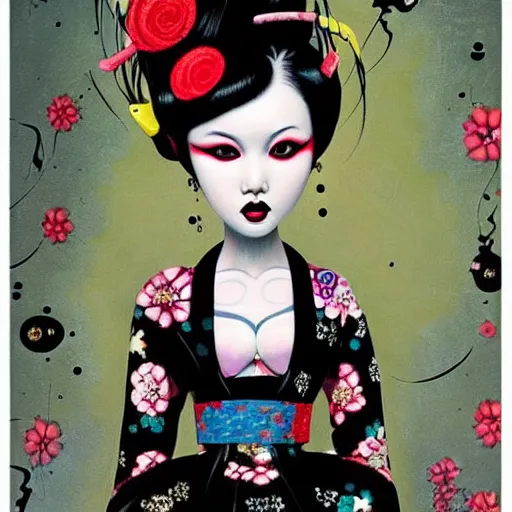 Prompt: Geisha punk girl with a futuristic hairstyle, floral background with black scribbles and wiggles, lowbrow painting by Mark Ryden