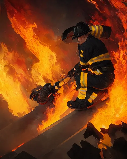 Image similar to heroic firefighter in action in black and yellow uniform, fire flames, sharp details, sharp focus, elegant, highly detailed, illustration, by jordan grimmer and greg rutkowski and pine ( ハイネ ) and 薯 子 imoko and 香 川 悠 作 and wlop and maya takamura, intricate