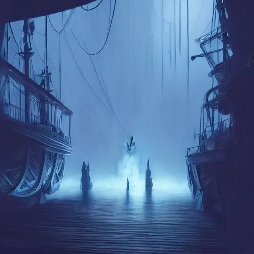 Image similar to D&D fantasy blue ghost spirits floating on a ship lower deck, intricate, elegant, highly detailed, D&D, digital painting, artstation, concept art, matte painting, sharp focus, illustration, glowing light and shadow, atmospheric, shadowy, cinematic, in the style of Greg Rutkowski