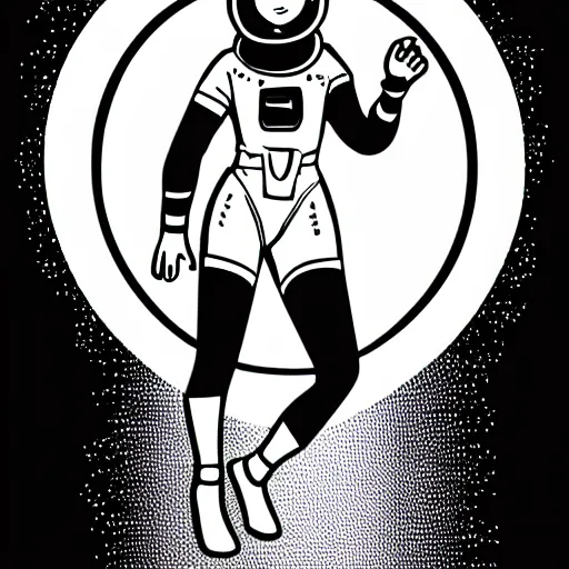 Prompt: clean simple line art of a woman floating in space wearing a space suit. no background. well composed, clean coloring book page, beautiful detailed face. coloring book line art by mike mignola