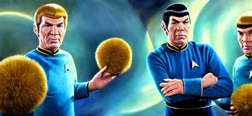 Prompt: captain kirk and spock with tribbles by juan ortiz 8k,