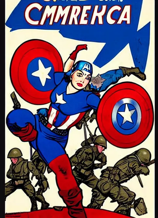 Prompt: 🦸♀ beautiful female captain america standing on a pile of defeated, beaten and broken german soldiers. feminist captain america wins wwii. american wwii propaganda poster by james gurney. gorgeous face. overwatch