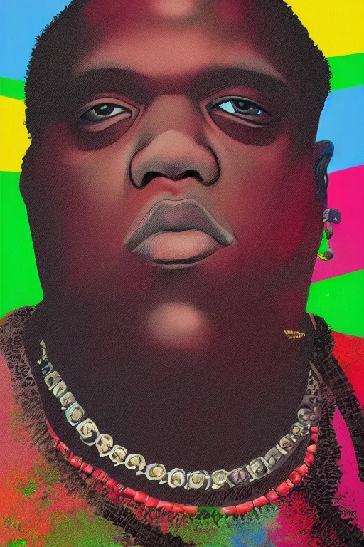 Prompt: a portrait of biggie smalls in style of rudy gutierrez, masterpiece, hyperdetailed, complex, intricate, 4 k, trending on artstation