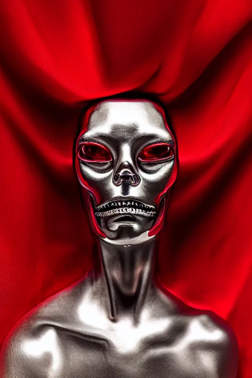 Prompt: chrome cyclops head statue layed on a red silk fabric, by hedi xandt and antonio corradini, macabre art, dark surrealism, epic and cinematic view, volummetric light, texturized, detailed, 8 k
