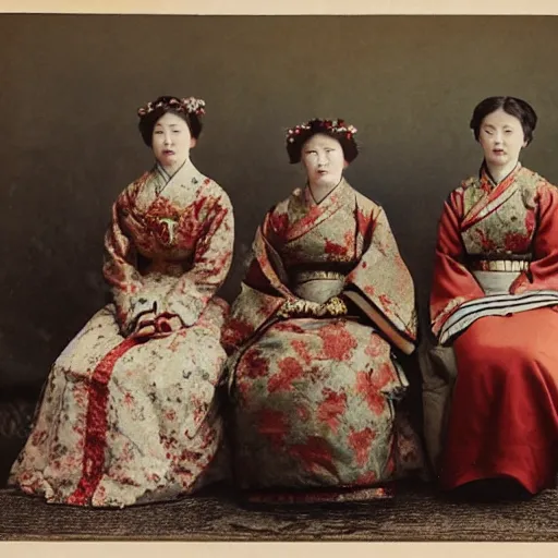 Prompt: a wide full shot, colored russian and japanese mix historical fantasy of a photograph taken of the royal bridesmaids, photographic portrait, warm lighting, 1 9 0 7 photo from the official wedding photographer for the royal wedding.