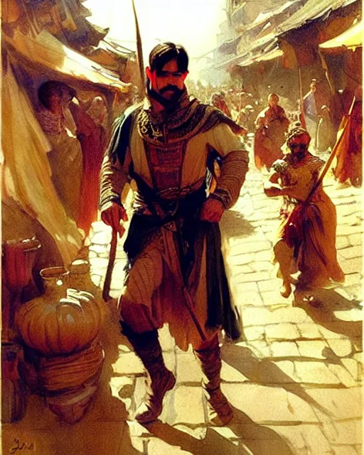 Image similar to fantasy concept art by anders zorn depicting colin farrell as an ancient egyptian rogue walking through a busy medieval outdoor bazaar