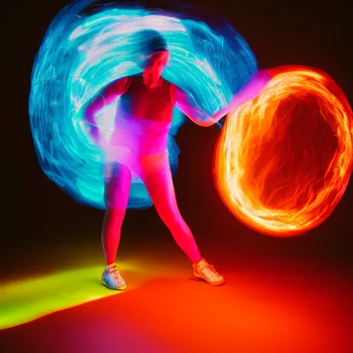 Image similar to a human exploding with color light, studio medium format photograph