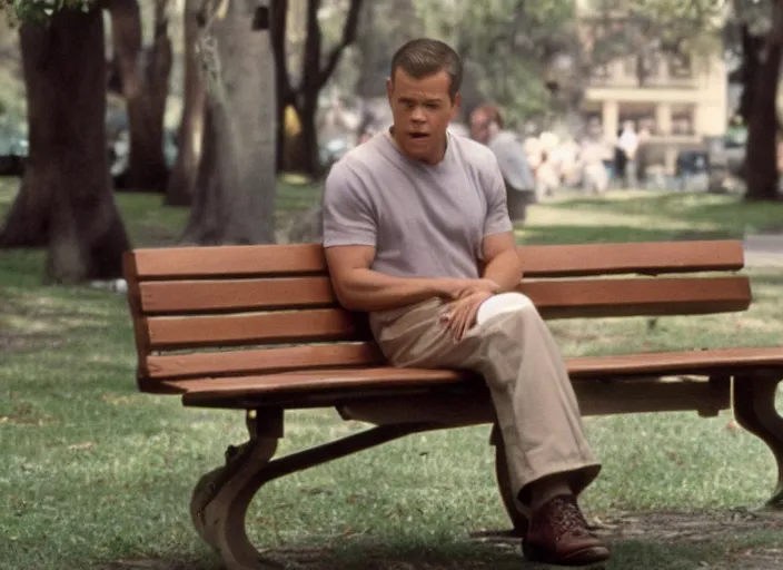 Image similar to film still of matt damon as forrest gump sitting on a bench in forrest gump, 4 k