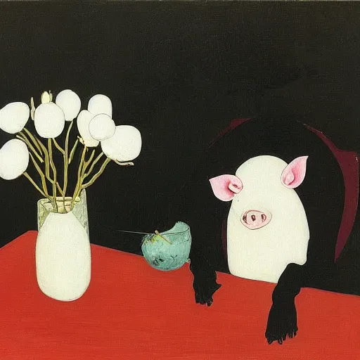 Image similar to “a portrait in an art student’s apartment, a feminine pig in a rotenburo, hakone, pork, ikebana white flowers, white wax, squashed berries, acrylic and spray paint and oilstick on canvas, by munch and Dali”