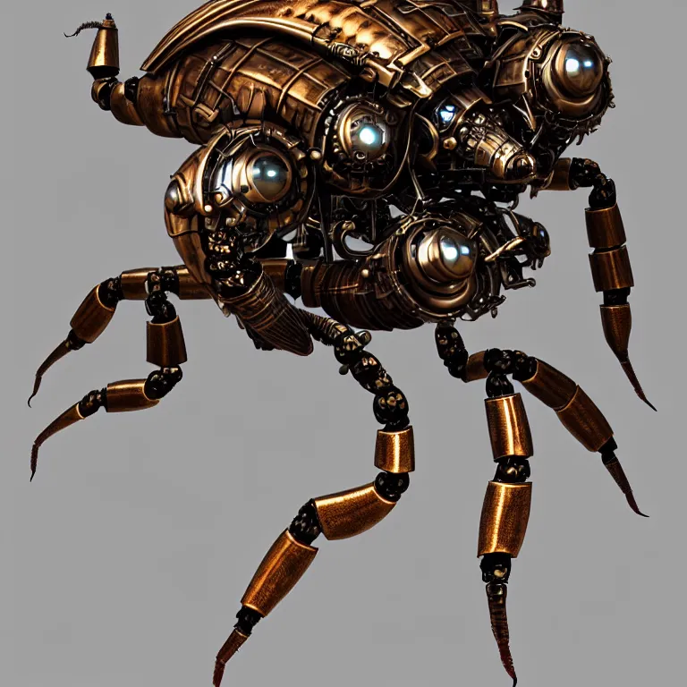 Image similar to steampunk robot scorpion, 3 d model, unreal engine realistic render, 8 k, micro detail, intricate, elegant, highly detailed, centered, digital painting, artstation, smooth, sharp focus, illustration, artgerm, wlop