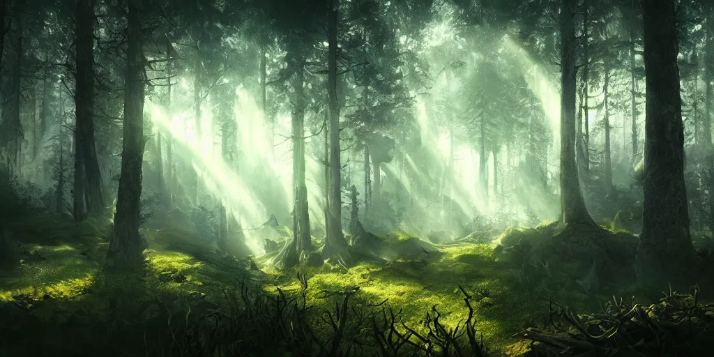 Prompt: epic fantasy landscape in a forest, hyper mystical, filmic, cinematic, cinematic lighting, fog, god rays, volumetric lighting
