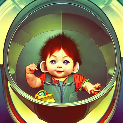 Image similar to a baby in a spaceship, very detailed, smooth render, illustration, art style by shigeru miyamoto and Alphonse Mucha