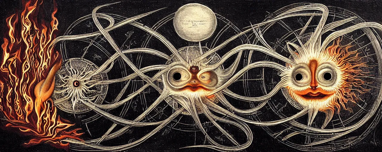 Image similar to a strange fire creature with endearing eyes radiates a unique canto'as above so below'while being ignited by the spirit of haeckel and robert fludd, breakthrough is iminent, glory be to the magic within, in honor of saturn, painted by ronny khalil