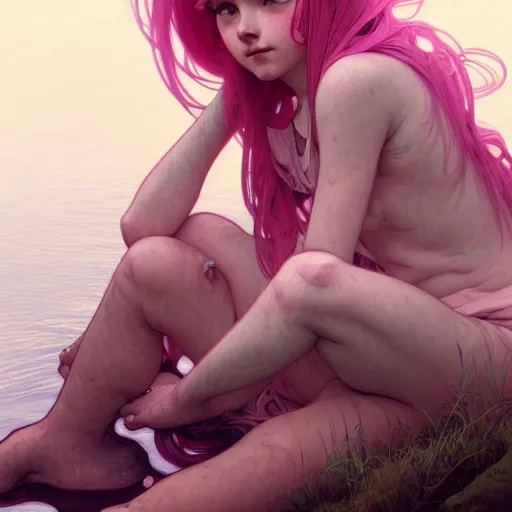 Image similar to Portrait of a girl with pink hair, sitting at the edge of a river, face, detailed, intricate, elegant, highly detailed, digital painting, artstation, concept art, smooth, sharp focus, illustration, art by Krenz Cushart and Artem Demura and alphonse mucha