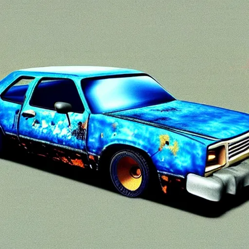 Prompt: A screenshot of a rusty, worn out, broken down, decrepit, run down, dingy, faded chipped paint, tattered, beater 1976 Denim Blue Dodge Aspen in Gran Turismo for the PS1