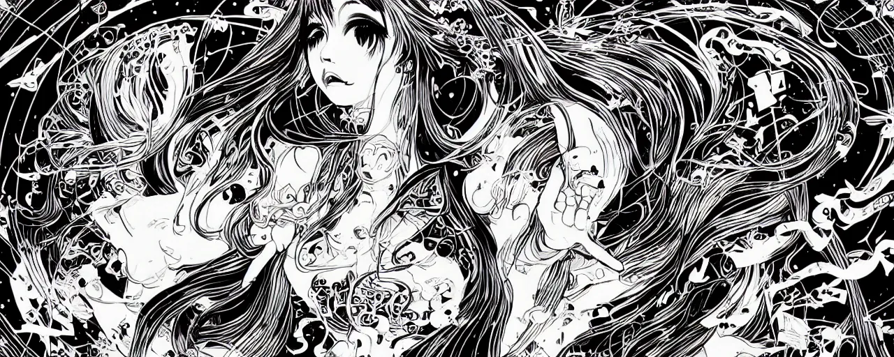 Image similar to musical goddess performing in Misono Universe, psychedelic poster in the style of , artgerm, Yoshio Awazu, Riyoko Ikeda, 3d render, artstation trending, black and white, detailed penwork