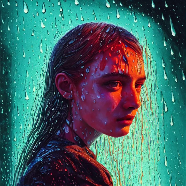 Image similar to bright asthetic portrait of LSD in rain with wet hair and face, liquid, fantasy, intricate, elegant, dramatic lighting, highly detailed, lifelike, photorealistic, digital painting, artstation, illustration, concept art, smooth, sharp focus, art by John Collier and Albert Aublet and Krenz Cushart and Artem Demura and Alphonse Mucha