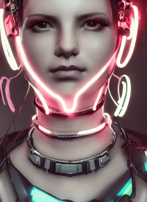 Image similar to detailed realistic female character cyberpunk wearing thick technological collar around neck, realistic, art, beautiful, 4K, collar, choker, collar around neck, punk, artstation, detailed, female, woman, choker, cyberpunk, neon, punk, collar, choker, collar around neck, cyberpunk, punk, neon