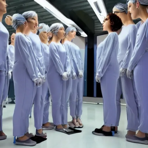 Image similar to troop of very short cloned women with white bob hairdos, tight light blue and lavender jumpsuits, standing next to tall scientist looking at a clipboard, futuristic cloning facility, sci - fi, highly detailed, cinematic