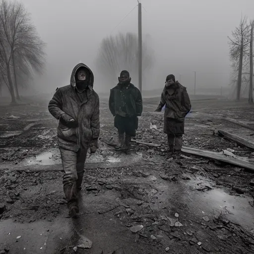 Image similar to flash photograph of an abandoned rundown soviet town with dense fog and men wearing gas masks