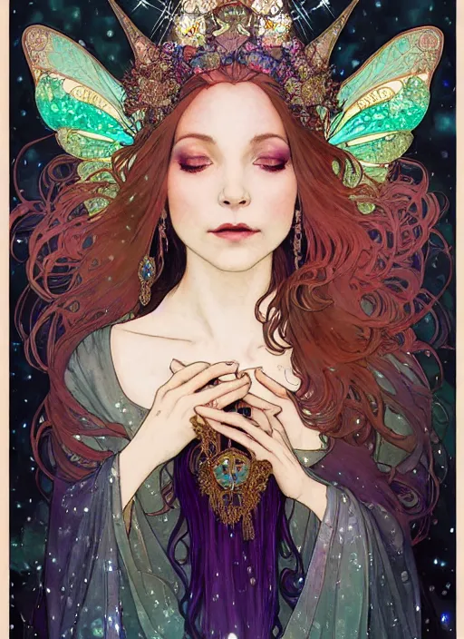 Image similar to fantastic portrait of a beautiftul witch with some shinny star, cloak, royally decorated crystal gemstones, symmetrical face, art nouveau, portrait, cute, fairy, by mai yoneyama, kelly mckernan, greg rutkowski, alphonse mucha, detailed background, artstation, intricate, elegant, highly detailed, colorful, maximalist