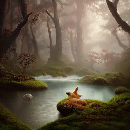 Image similar to tom bagshaw, soft painting render curiosities alien pond vegetation rocks, beautiful running fox covered moss scintillating, accurate features, focus, very intricate ultrafine details, random volumetric lighting, dense fog, award winning masterpiece, octane render 8 k hd, artstation