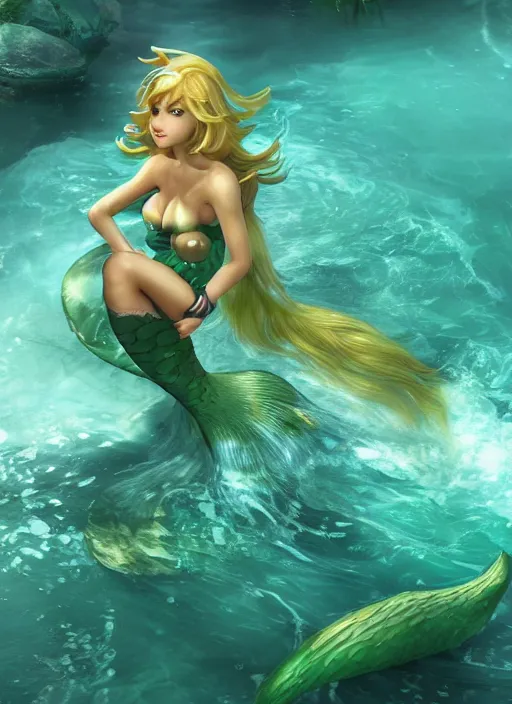 Image similar to nami the mermaid, from league of legends, au naturel, playing underwater, green skin, hyper detailed, digital art, trending in artstation, cinematic lighting, studio quality, smooth render, unreal engine 5 rendered, octane rendered, art style by klimt and nixeu and ian sprigger and wlop and krenz cushart