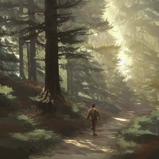 Prompt: Pines forest pathway in Avila. by Craig mullins, Steve Purcell, Ralph McQuarrie. Trending on artstation. Centered image, no background