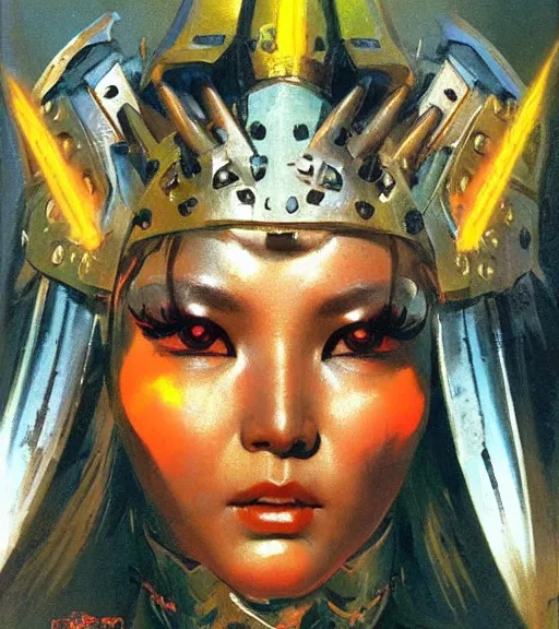 Image similar to portrait of strong korean female chaos angel, beautiful! coherent! by frank frazetta, by brom, strong line, vivid neon color, spiked scrap metal armor, iron helm maximalist