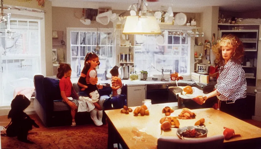 Prompt: 1990s candid 35mm photo of a beautiful day in the family kitchen , cinematic lighting, cinematic look, golden hour, Kirby is sucking up the family sofa, kids are crying, UHD