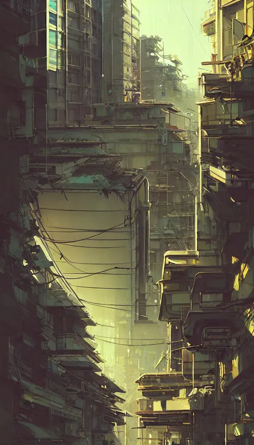 Prompt: hyper - realistic portrait of cyberpunk tokyo balcony in style of atey ghailan, by greg rutkowski, by greg tocchini, by james gilleard, by joe fenton, by kaethe butcher, dynamic lighting, gradient light yellow, brown, blonde cream and white color scheme, grunge aesthetic