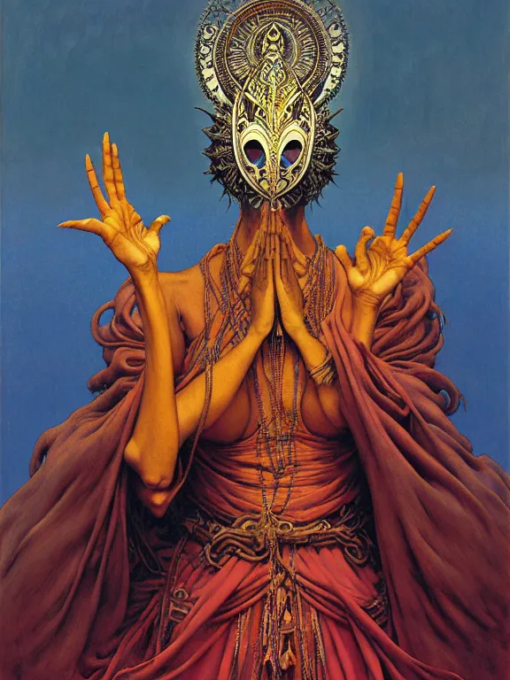 Image similar to soaring woman wearing a big mask with many thick blades behind head. dressed in a long robe with wide sleeves and making namaste / anjali mudra gesture. fullbody highly detailed portrait, blurred background, concept art, masterpiece, fantasy art, hyperdetailed, hyperrealism, art by zdzisław beksinski, arthur rackham, dariusz zawadzki