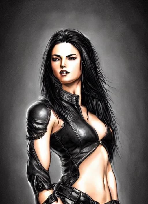 Prompt: a black haired woman in a leather jacket, muscular upper body, abs, d & d, fantasy, intricate, elegant, highly detailed, digital painting, artstation, concept art, smooth, sharp focus, illustration, art by mike deodato