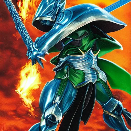 Image similar to fantasy knight behind the wheel of a green hatchback, blue armor, golden sword, dragon attacking with fire, Yusuke Murata