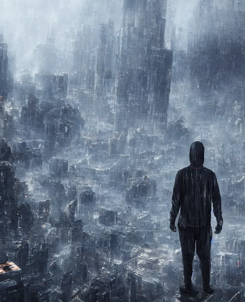 Prompt: mystic guy in techwear standing on roof of futuristic city, cyberpung, cinematic, rain