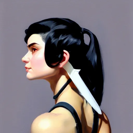 Image similar to greg manchess portrait painting of white pale girl with black hair as overwatch character, medium shot, asymmetrical, profile picture, organic painting, sunny day, matte painting, bold shapes, hard edges, street art, trending on artstation, by huang guangjian and gil elvgren and sachin teng