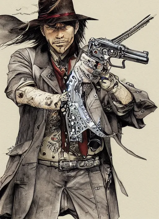 Image similar to a gunslinger twirling revolvers on his fingers, by takehiko inoue and kim jung gi and hiroya oku, masterpiece ink illustration