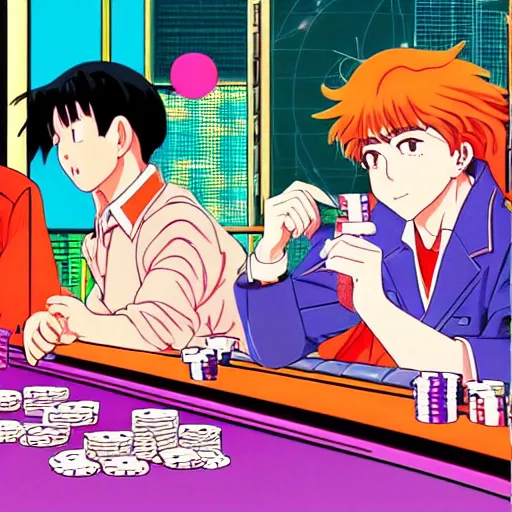 Prompt: man losing all his money at the poker table, sprite, vaporwave nostalgia, directed by beat takeshi, visual novel cg, 8 0 s anime vibe, kimagure orange road, maison ikkoku, sketch by osamu tezuka, directed by makoto shinkai and beat takeshi